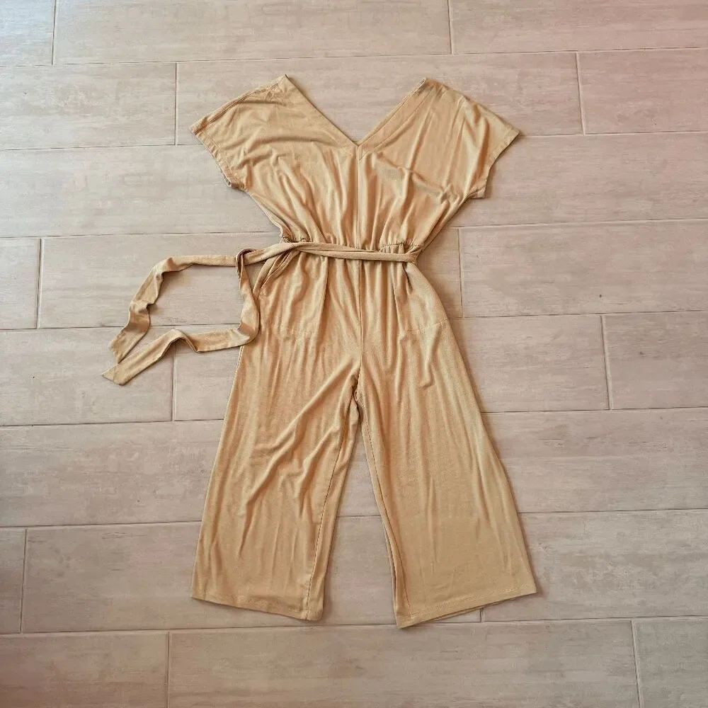 AnyBody Jumpsuit Beige Short Sleeve Wide Leg Romper V Neck Wrap-Over Bodice S